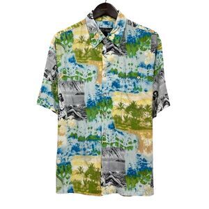 Tori Richard Vtg Men's L Hawaiian‎ S/S Blue/Yellow Viscose Shirt Hula Aloha Girl